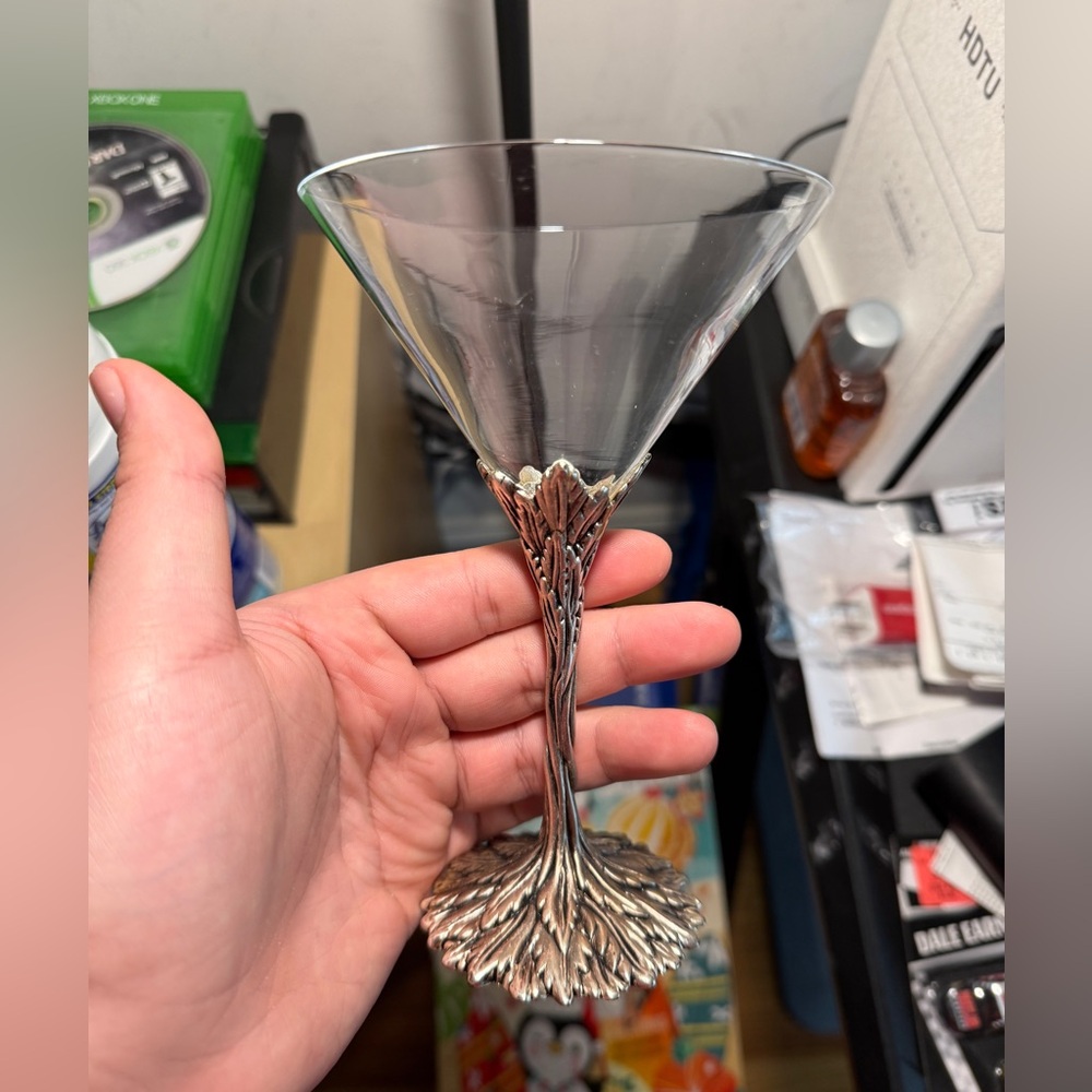 Grey Goose Vodka 1 Martini Glasses Pewter Stems Twisted Leaf Feather 6.5" - Nice